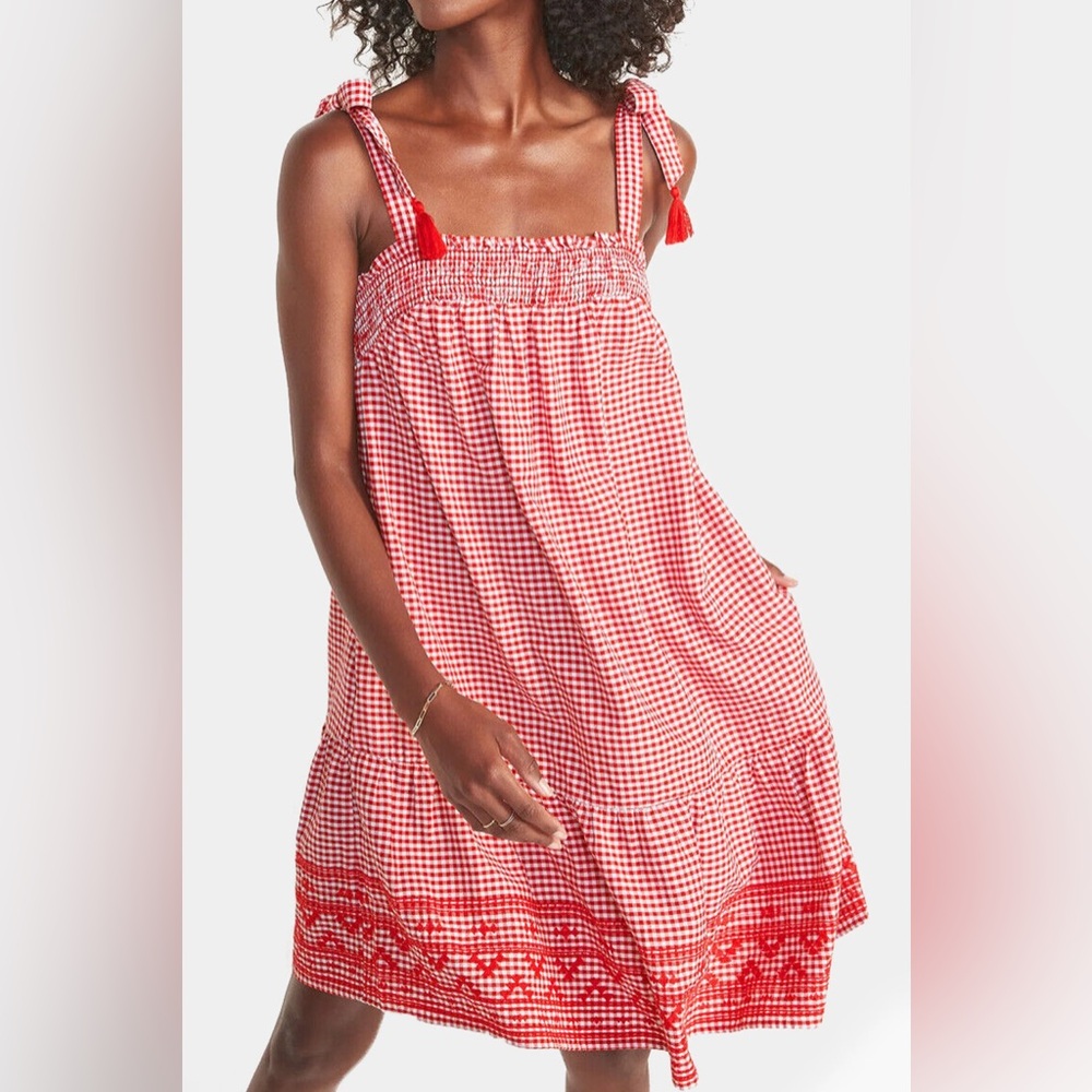 Cottagecore Gingham Tiered Mini Dress Tassel Smocked Embroidered Picnic Prairie